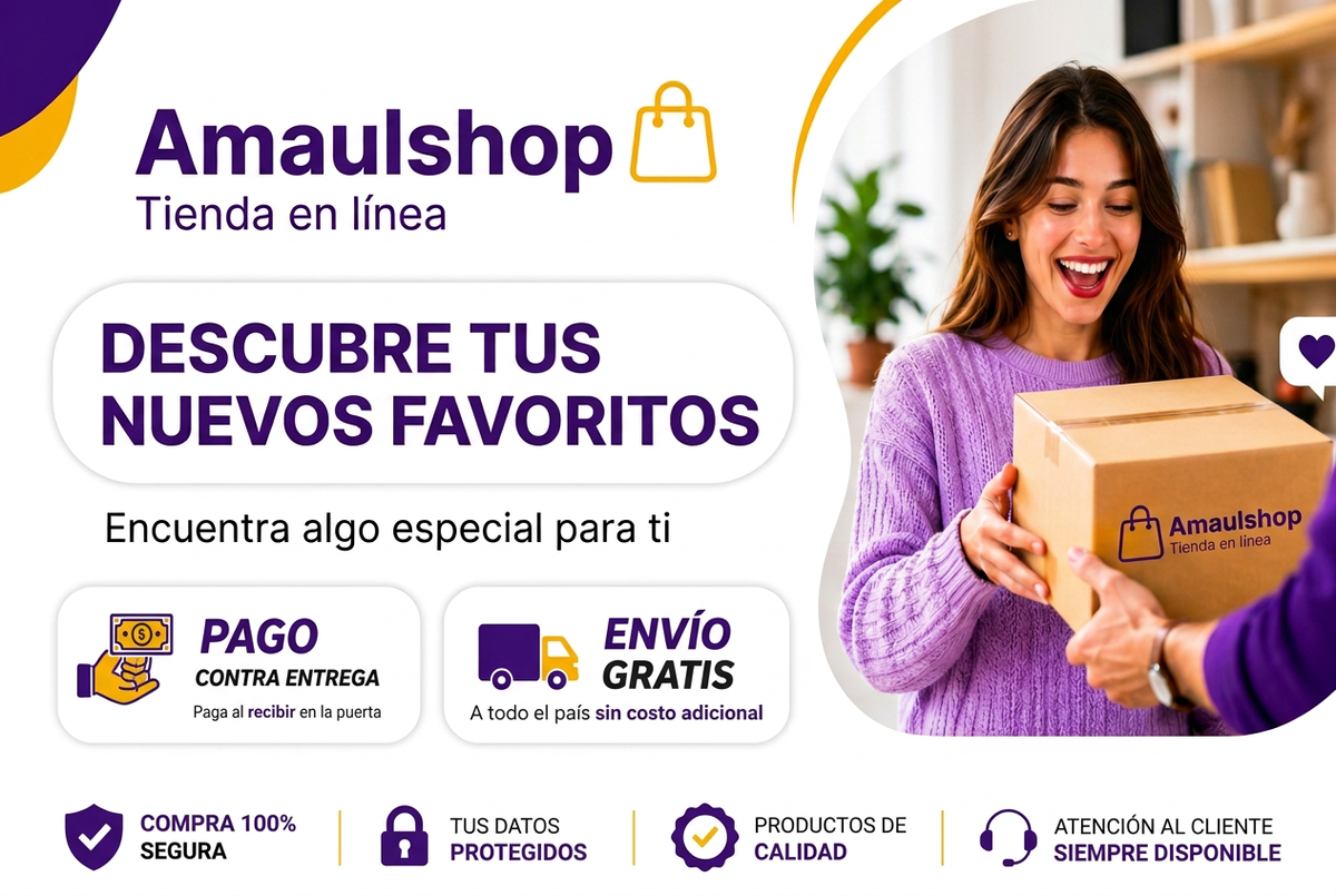 Banner de Amaulshop con franja de beneficios e iconos morados y amarillos